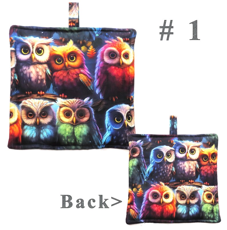 May include: Square, padded potholder featuring a colorful owl design. The owls have vibrant plumage in shades of blue, red, orange, and green. The potholder has a loop for hanging and the text "# 1" is visible.