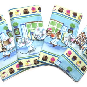 Tea Bag Wallet Includes 4 Tea Bags, English Tea Time Quilted Handcrafted Wallet, Four Pocket Wallet, Bakery Baker Mice Cupcakes Mouse