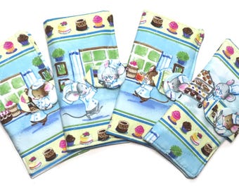 Tea Bag Wallet Includes 4 Tea Bags, English Tea Time Quilted Handcrafted Wallet, Four Pocket Wallet, Bakery Baker Mice Cupcakes Mouse
