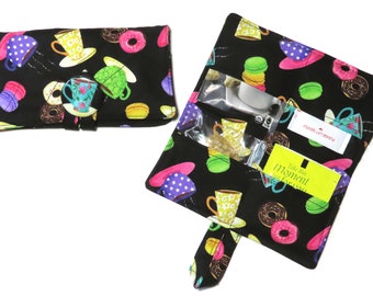 Tea Bag Wallet Includes 4 Tea Bags, English Tea Time Quilted Handcrafted Wallet, Four Pocket Wallet, Tea Cups with Macarons and Donuts