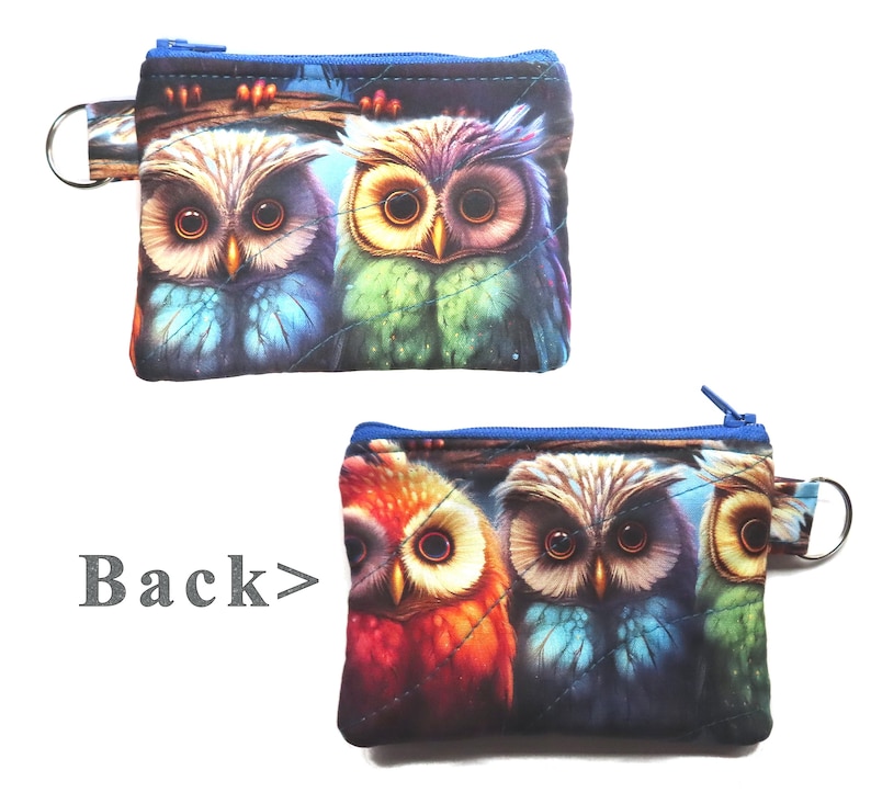 May include: Two small, zippered coin purses with a blue trim and a key ring. The purses feature a colorful owl design. One purse shows two owls, and the other shows three owls. The word "Back>" is printed on the image.