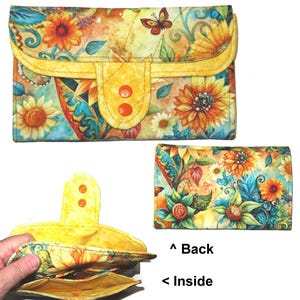 Tea Bag Wallet: Mega Size Handmade Fabric Organizer, Pink Tea Cups & Roses, Three Pockets, Phone Clutch Butterfly Flowers
