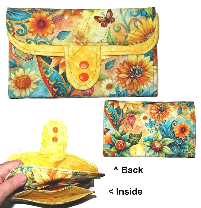 Tea Bag Wallet: Mega Size Handmade Fabric Organizer, Pink Tea Cups & Roses, Three Pockets, Phone Clutch Butterfly Flowers