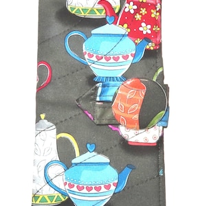 Cartera para bolsitas de té con cuatro bolsillos, acolchada en estilo inglés, hecha a mano, con teteras en gris o blanco.