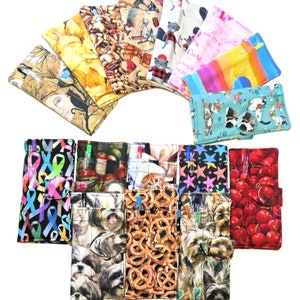 Funda para chequera o billetera con cierre de botón a juego, a elección: herramientas, cerezas, gatos, Shih Tzu, Yorkshire, arcoíris o cintas contra el cáncer