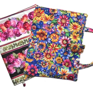 Bold Flowers Large Paperback or Hardcover Book Cover for Books Up To 9.5"x 6.5"x 2", Quilted, Carry Strap Handles, Bookmark