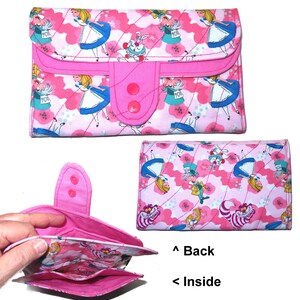 Tea Bag Wallet: Mega Size Handmade Fabric Organizer, Pink Tea Cups & Roses, Three Pockets, Phone Clutch Alice in Wonderland