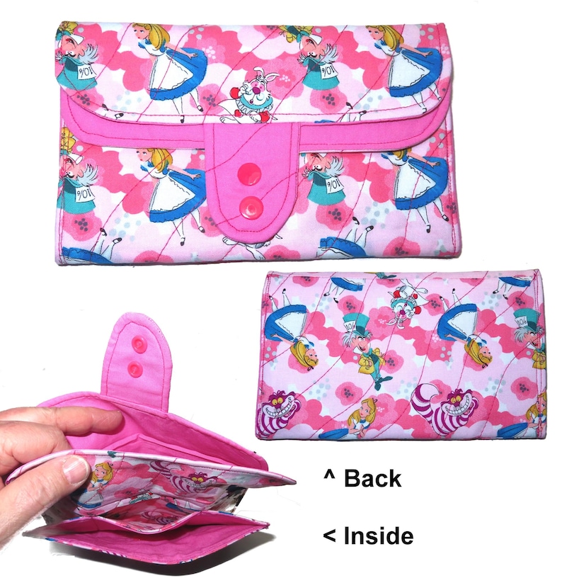Tea Bag Wallet: Mega Size Handmade Fabric Organizer, Pink Tea Cups & Roses, Three Pockets, Phone Clutch Alice in Wonderland