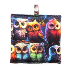 May include: Square, padded pot holder featuring a colorful owl design. The owls are depicted in various colors, including blue, orange, purple, and green, with large, expressive eyes. A small loop is attached for hanging.
