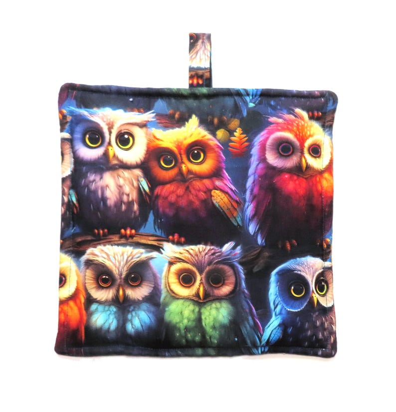 May include: Square, padded pot holder featuring a colorful owl design. The owls are depicted in various colors, including blue, orange, purple, and green, with large, expressive eyes. A small loop is attached for hanging.