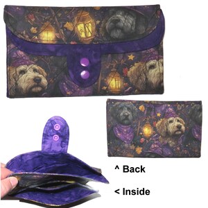 Tea Bag Wallet: Mega Size Handmade Fabric Organizer, Pink Tea Cups & Roses, Three Pockets, Phone Clutch Mystic Puppies