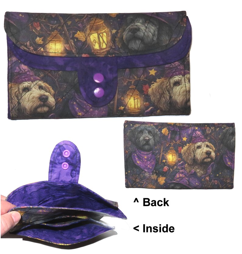 Tea Bag Wallet: Mega Size Handmade Fabric Organizer, Pink Tea Cups & Roses, Three Pockets, Phone Clutch Mystic Puppies