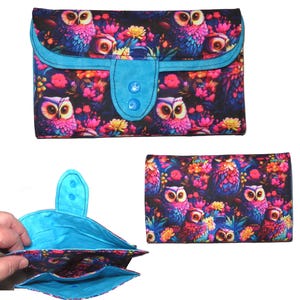 Tea Bag Wallet: Mega Size Handmade Fabric Organizer, Pink Tea Cups & Roses, Three Pockets, Phone Clutch Owl Flowers
