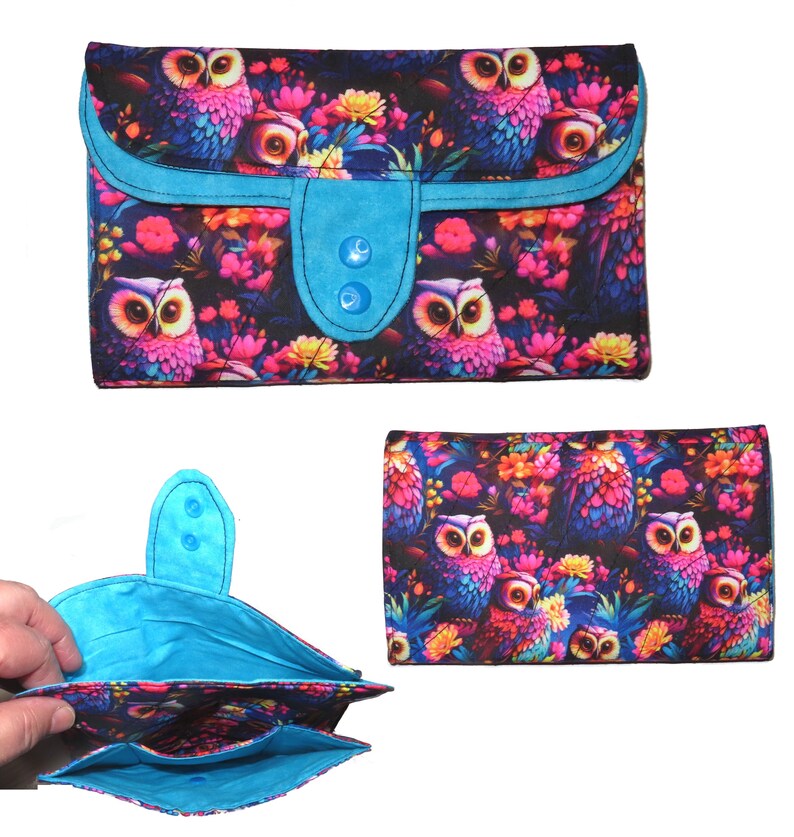 Tea Bag Wallet: Mega Size Handmade Fabric Organizer, Pink Tea Cups & Roses, Three Pockets, Phone Clutch Owl Flowers