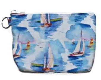 Quilted Cosmetic Bag: Handmade Zipper Pouch - Choice of Fabric Sailboats, Eagle, Coffee Clatch
