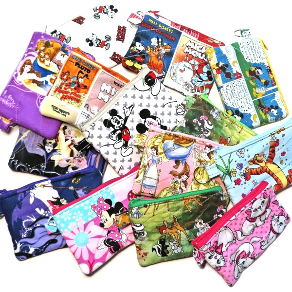 Disney Quilted  Coin Purse, Handcrafted, Key Ring, Credit Card Case, Your Choice: Mickey Mouse, Tigger, Villainess, Bambi or Minnie Mouse
