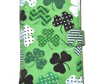 St. Patrick's Quilted Book Cover: Fits Books up to 7.5" x 4.5", Button Closure, Roomy Fit, Shamrocks