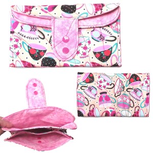Tea Bag Wallet: Mega Size Handmade Fabric Organizer, Pink Tea Cups & Roses, Three Pockets, Phone Clutch Pink Tea Cups