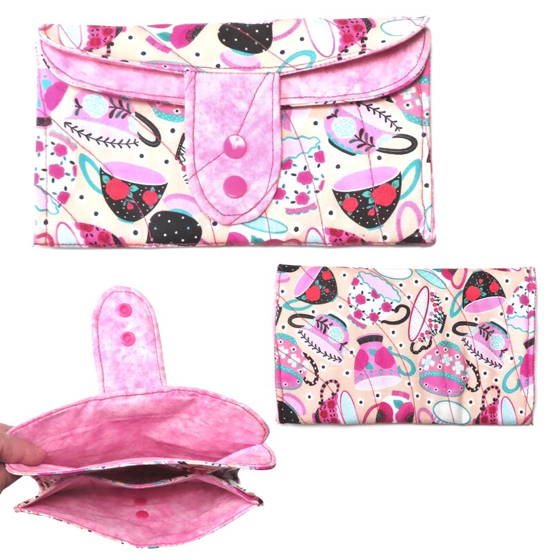 Tea Bag Wallet: Mega Size Handmade Fabric Organizer, Pink Tea Cups & Roses, Three Pockets, Phone Clutch Pink Tea Cups
