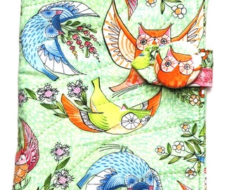 Owls Quilted (Romance), ROOMY Small Book Cover, Bookmark, Carry Handles, for book up to 7.5" x 4.5" x 1.5 " Button