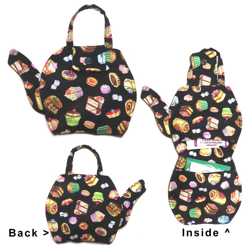 May include: A black teapot-shaped bag with a handle, spout, and flap, patterned with colorful pastries. The bag's interior is visible, showing pockets and a label. The text "Back >" and "Inside ^" are also visible.