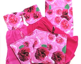 Pink English Tea Roses Designer Fabric, Your Choice of Hot Pads, Bag Holder or Double Towels, Trivets and Gifts for the Rose Collector