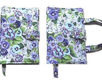 ROOMY Small Book Cover with Bookmark, Button Closure and Optional Carry Handles, for books up to 7.5" x 4.5" x 1.5 ", Purple Pansy, Pansies