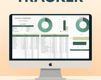 May include: A computer screen displaying a budget tracker spreadsheet with green and white charts and graphs. The spreadsheet includes a monthly overview of income and expenses for April 2023. The text "BUDGET TRACKER" is displayed above the computer screen. The text "TRACK MONTHLY & ANNUALLY" is displayed below the computer screen.