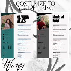 Op de afbeelding: Twee professionele cv-sjablonen met een teal en grijs kleurenschema. De cv's bevatten een foto, contactgegevens, werkervaring, opleiding, vaardigheden en taalvaardigheid. De tekst op de cv's bevat "Claudia Alves" en "Mark vd Berg".
