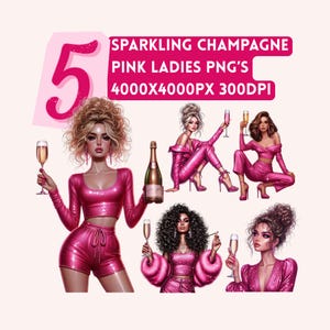 5 digitale PNG's, rosa funkelnde Champagner Damen, digitaler Download, Clipart, 4000x4000px, 300 dpi, Print on Demand, transparenter Hintergrund