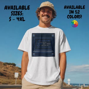 May include: A white short-sleeve t-shirt featuring a dark blue square graphic of a laptop screen with code text that reads: 1: New Year Resolution 2024, 2: Kill all axes, 3: MISA SIZE: Heat up ambitions, 4: 01 20: Start from zero, 5: Print better version of self.