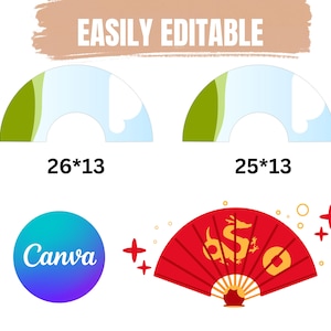 Clack Fan Editable Canva Template,26&quot; ,&quot;25 Chinese Fan Template, Drag and Drop, Sublimation Hand Fan, Festival Hand Fan, Canva Frames Bundle