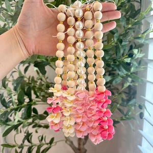 Handmade Plumeria Car Lei – Hawaiian Rearview Mirror Lei with Wood Beads or Pearls, Plumeria Clay Flowers, Lei for Rearview Mirror - Car Lei