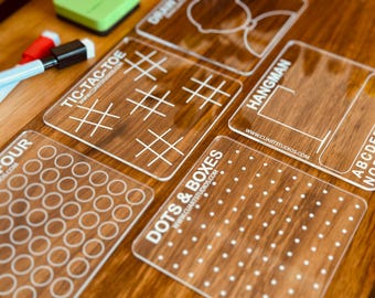 Personalized Travel Game Set | UV-Printed Reusable Acrylic Dry Erase Boards for Kids & Families