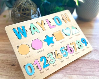 Personalized Name Puzzle: Montessori Wooden Toy, Shapes & Numbers