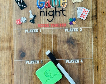 Acrylic Game Night Scoreboard • Dry Erase Tracker for 4 Players