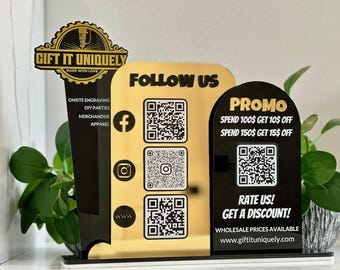 Multi QR Code Business Social Media Sign | Follow Us & Promo Display | Custom Logo Acrylic Sign | Store Counter Discount and Review Sign