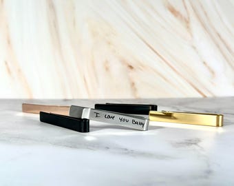 Personalized Handwriting Tie Clip: Engraved Stainless Steel Tie Bar