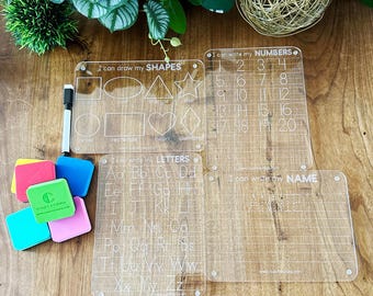 Gepersonaliseerde acryl traceerbord set van 4: Montessori leren - letters, cijfers, vormen, naam.