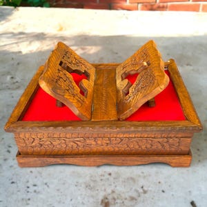 Handmade Wooden Holy Quran Box with Quran Holder/Stand/Rail on Top and Red Velvet Inside