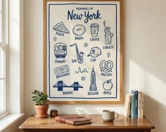 New York City Icons Poster | Blue Travel Illustration (Digital Download)