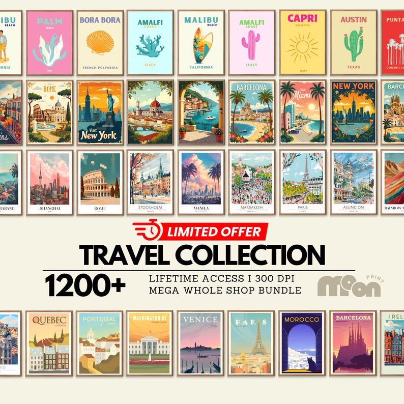 +1160 Travel Prints Bundle, Vintage Travel Wall Art, City Poster Set, Wanderlust Aesthetic Decor, Digital Download, Gallery Wall Pack
Introducing our new bundle: a fantastic collection of travel prints, accompanied by colorful prints to create a vibrant atmosphere in your home. Each piece is a unique masterpiece, ready to transform your walls and inspire your creativity. Discover the power of art to bring your living space to life.