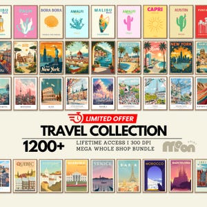 以下が含まれることがあります： ニューヨーク、パリ、ローマなど、さまざまな場所をテーマにした旅行をテーマにしたアートプリントのコレクション。プリントにはカラフルなイラストと「TRAVEL COLLECTION」の文字が「LIMITED OFFER」バナーとともに表示されています。コレクションには1200以上のプリントが含まれています。