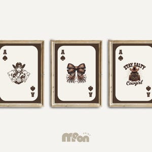 Conjunto de 3 cartas de baralho de cowboy ocidental, arte de parede, estampa de cowboy, decoração moderna do sudoeste, ás de espadas, decoração marrom para casa