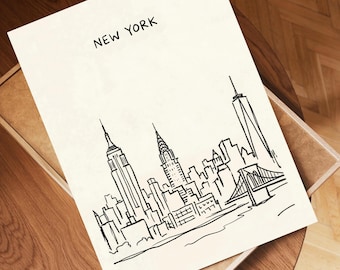 New York Skyline Line Drawing Print, Minimalist City Wall Art (Digital Download)