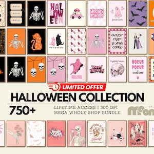 Pode incluir: Uma coleção de estampas de arte com tema de Halloween com ilustrações assustadoras, incluindo esqueletos, fantasmas e frases como "Cutest Creep in Your Coffin" e "Hocus Pocus". As estampas são de vários tamanhos e apresentam uma paleta de cores preta, laranja e rosa.