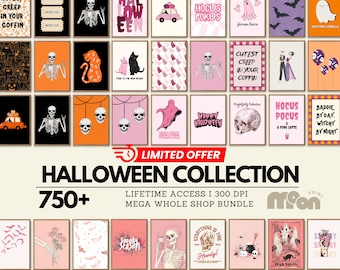 May include: A collection of Halloween-themed art prints in various sizes. The prints feature spooky illustrations, including skeletons, ghosts, and phrases like "Cutest Creep in Your Coffin" and "Hocus Pocus". The color palette includes black, orange, and pink.