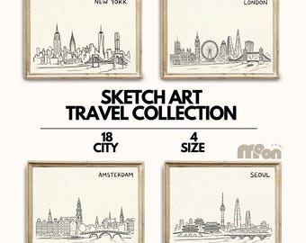 18 City Sketch Prints, Minimalist Travel Gallery Wall Art (Digital Download)