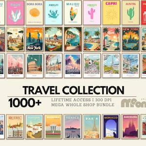 Travel Prints Bundle 1000+ Vintage Travel Wall Art City Poster Set, Wanderlust Aesthetic Decor Digital Download Gallery Wall Pack Traveler