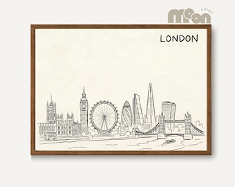 London Skyline Printable, Minimalist City Wall Art, Black and White Line Drawing, Digital Download
